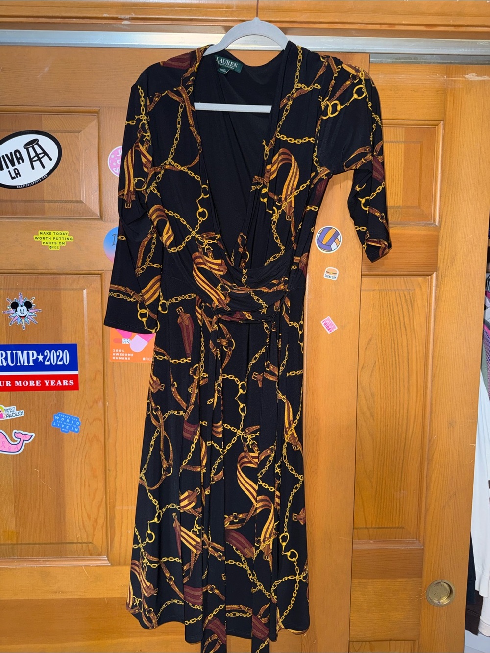 Ralph Lauren Black Wrap Dress with Gold Chain and Brown Equestrian Print